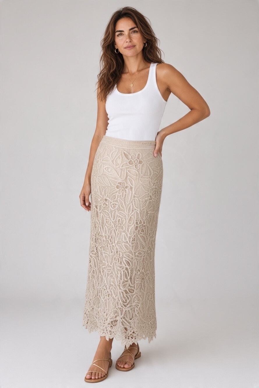Silken Poetry Sz S Vintage Beige Silk Lattice Crochet & Beaded Maxi Skirt